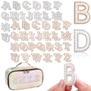 104Pcs Pearl Letter Patches Self Adhesive, 4Set 2Styles Rhinestone Pearl Stick on Letters, A-Z Bling Glitter Letters Patch Alphabet Applique Letter Stickers for DIY Clothes Bags Shoes (White, Gold)