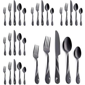 Black Silverware Set for 6, 30-Piece Stainless Steel Flatware Set, Shiny Black Metal Cutlery Set, Include Fork, Knife and Spoon Set, Dishwasher Safe