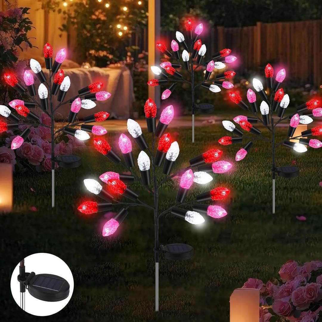 Glooglitter 4 Pcs Valentine's Day Outdoor Decoration Solar Pathway Lights 28" Pink Stake Light Waterproof 8 Modes 80 Heart Shape LEDs for Yard Walkway Path Garden Patio Valentine Decor