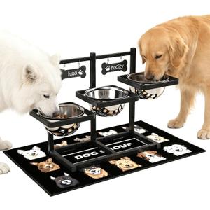 Elevated Dog Bowls for Large Dogs, 6 Height Adjustable Raised Stand with Mat, Two Signature Cards and Three 1700ML Bowls, for Large Breed and Multi-Pet Households