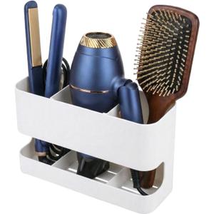 MyGift Hair Tool Organizer with 3 Slots, Wall Mounted Hair Dryer Holder, White Metal Bathroom Salon Organizer Rack for Blow Dryer Straightener Curling Iron (Medium)