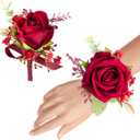 Corsage and Boutonniere Set for Groom Bride Groomsmen Bridesmaids Wedding Party Prom, Artificial Roses Flower Boutonniere for Men Wedding Mother Grandmother for Bridal Shower Prom (Burgundy)