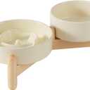 Ceramic Raised Slow Feeder Dog Bowl Set, Elevated 5.1inch Water Bowl and 6.1inch Puzzle Slow Pet Food Dish with Wooden Stand for Small Dog and Cat, Anti-Gulping (2X Beige+ Stand)