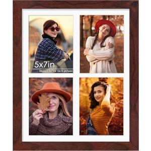 12x16 Picture Frame 5x7 Collage Picture Frame Displays Four 5x7 inch Photos or 12x16 (Without Mat) for Available Horizontal Wall Mounting Display and Vertical Redwood