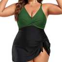 MFAVIP Women Plus Size Swim Dress Tummy Control One Piece Swimsuit V Neck Wrap Full Coverage Bathing Suit Cute Tie Knot, 3XL