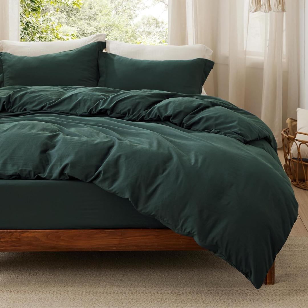Bedsure Duvet Cover Queen Size with Fitted Sheet - 4 Pieces Prewashed Cotton-Like Extra Soft Bedding Set, Includes 1 Duvet Cover 90x90 Inches, 2 Pillow Shams, 1 Fitted Sheet, Forest Green (03 - Forest Green (No Comforter))