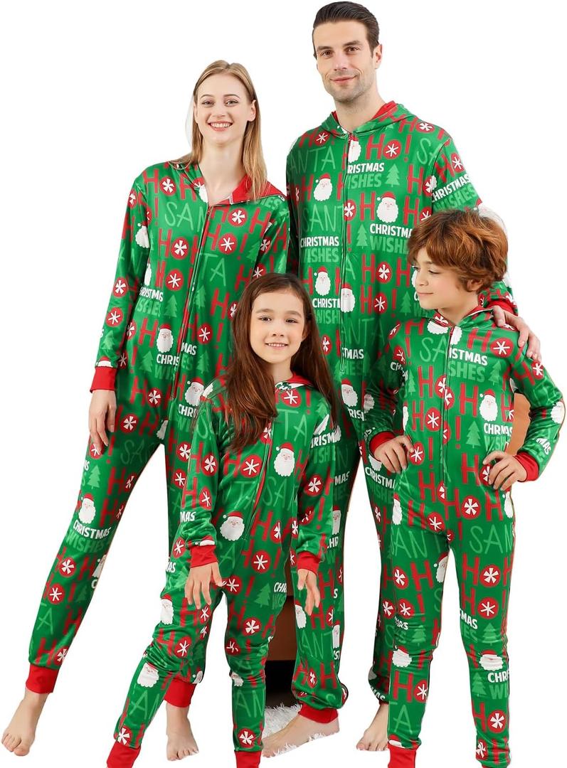 ANGELGGH Onesie Christmas Family Matching Pajamas Adult Couples Men PJs Hooded Women Novelty One-piece Sleepwear (Green)