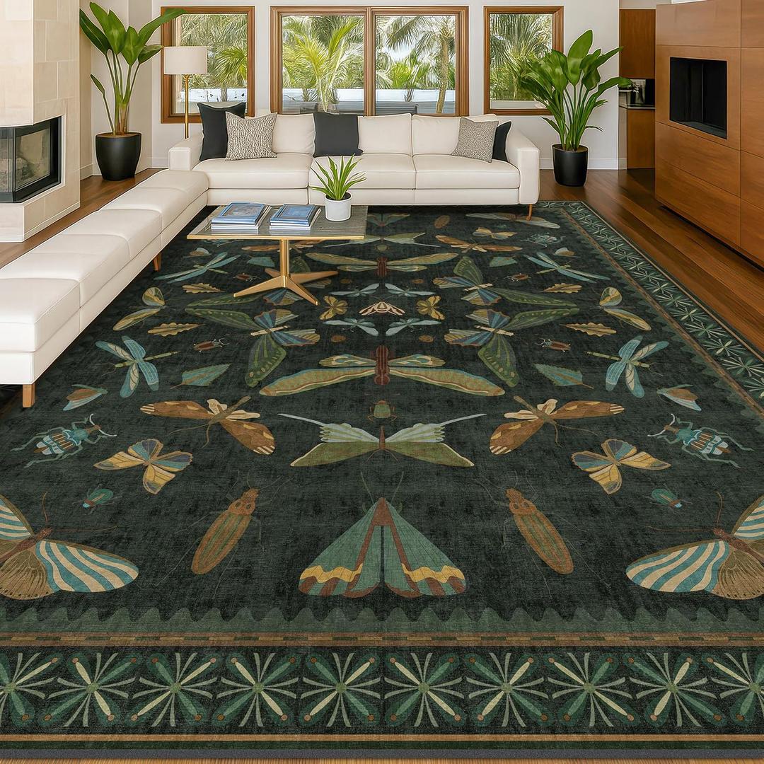 Hazo Haus Forest Green Rugs for Living Room - 9x12 Big Rugs for Bedroom, Dining Room, Guest Room, Insect Moth Dcor, Non Slip Low Pile