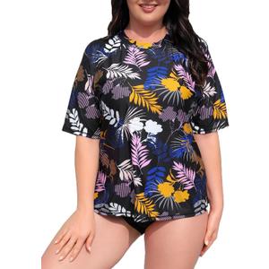 Halcurt Women's Plus Size Rash Guard Short Sleeve Swim Shirt with Built in Bra UPF50+ Sun Protection Swimsuit Top
