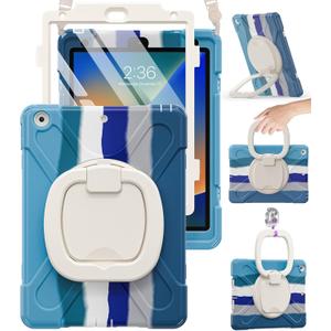 BRAECN for iPad 9th 8th 7th Generation 10.2 Inch Case,Heavy Duty Silicone Case w/Carrying Strap/Pencil Holder/Screen Protector/Folding Handle Grip/Kickstand for iPad 9/8/7 Generation, Colorful Blue