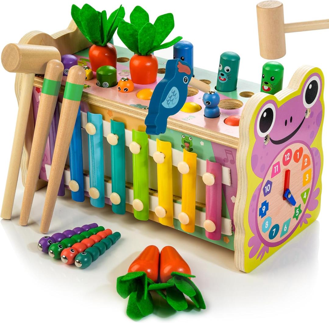 6-in-1 Wooden Montessori Toys for 1 Year Old, Mole-Tapping Game | Play The Xylophone | Frog Clock | Carrot Harvest Game | Spinning Gear, Baby Toy Gift for Early Learning (Pink)