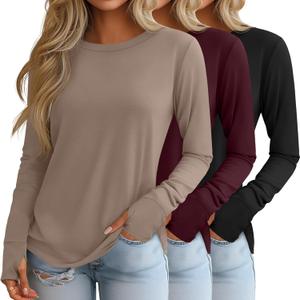 Huukeay 3 Pack Women's Long Sleeve Shirts with Thumb Holes, Cotton Casual Crew Neck Tunic Tops Fall Loose Y2k Trendy Outfits (Medium, Burgundy, Light Khaki)