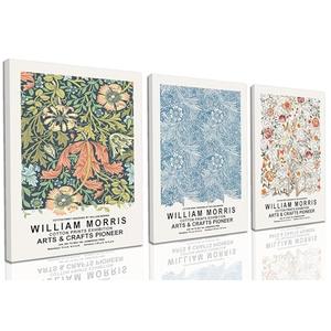 4 PCS William Morris Wall Art Set of 3 Vintage Botanical Wall Decor Nature Flower Exhibition Posters Retro Plant Canvas Prints Paintings for Living Room Bedroom Kitchen 16x24 Inch Framed