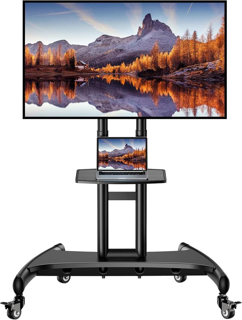 Perlegear Rolling TV Stand for 32-82 Inch Flat/Curved LED/LCD/OLED TVs, Outdoor Mobile TV Carts on Wheels with Adjustable Shelf, VESA 600x400mm up to 100lbs, Portable Mount with Wheels PGTVMC05-1