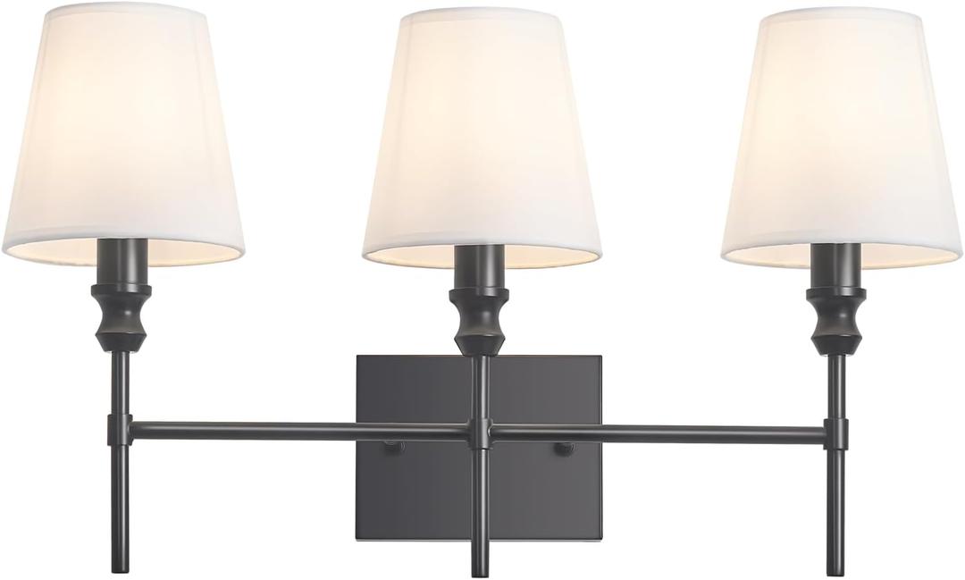 Vanity Lights For Bathroom,23.6 In Black Bathroom Light Fixtures Over Mirror,Vintage 3-Light Vanity Light With Flared White Fabric Lampshade For Bedroom,Hardwired Hallway Sconce Light,E12 Base