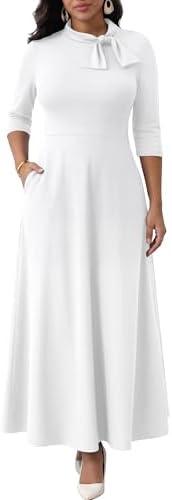 FANDEE Maxi Dress for Women Long Elegant 3/4 Sleeve Bow Tie Neck A Line Casual Party Church Dresses with Pockets, L