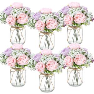Zeyune 6 Sets Mason Jar Flowers Centerpiece Table Decorations,Purple,Pink | Faux Flowers with Vase,Artificial Peony Baby's Breath Bouquets,Farmhouse Rustic Decor,Gifts for Home Wedding Holiday