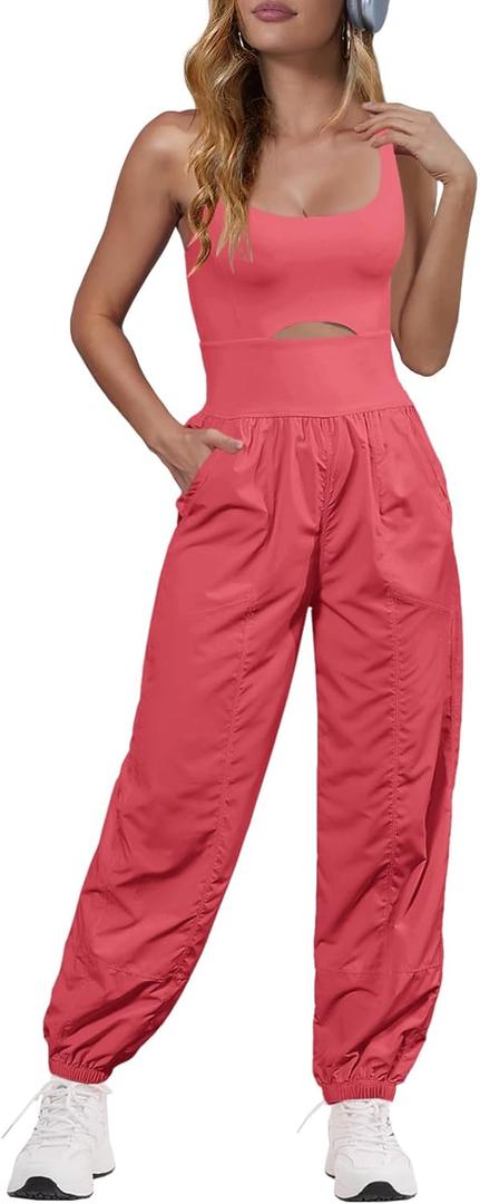 Panadila Womens Workout Onesie Athletic Romper One Piece Jumpsuits Backless Tops Hiking Pants with Pockets (Small, Watermelon Red)