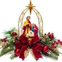 Lighted Christmas Nativity Scene Decoration Nativity Figurines Scene for Xmas with Timer Gold Arch Pine Needles Red Berries and Red Bow for Xmas Holiday Decorations