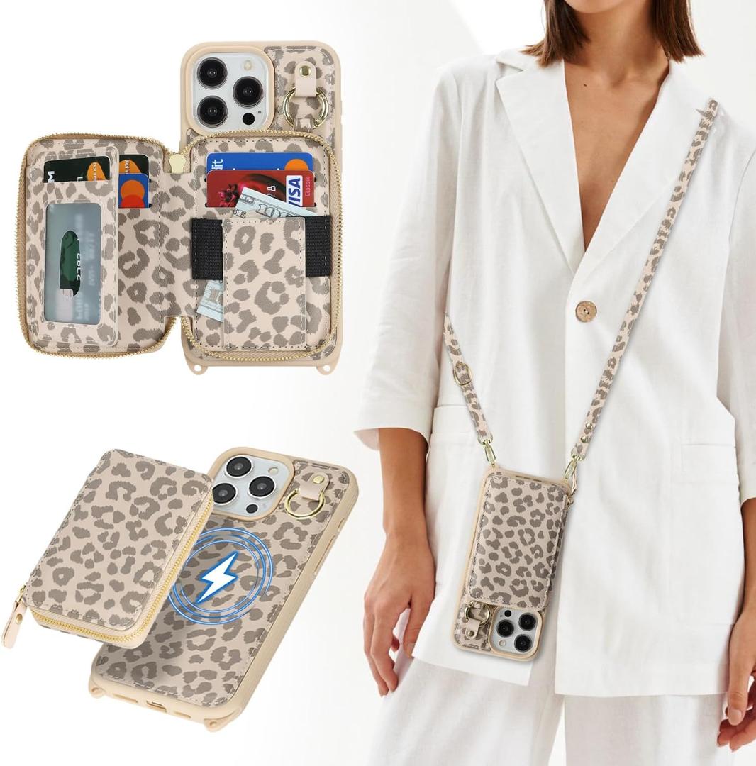 Cavor for iPhone 14 Pro Max Wallet Case with Card Holder for Women Men, for iPhone 14 Pro Max Case with Strap, Crossbody Lanyard Phone Case, Magnetic Detachable Compatible with Magsafe-Beige Leopard