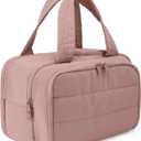 Travel Toiletry Bag for Women, Large Wide-open Puffy Cosmetic Makeup Bag with Wet-Dry Separation, Multi-Pocket Organizer with Carry Handle for Toiletries, Cosmetics, Essentials, Dark Pink