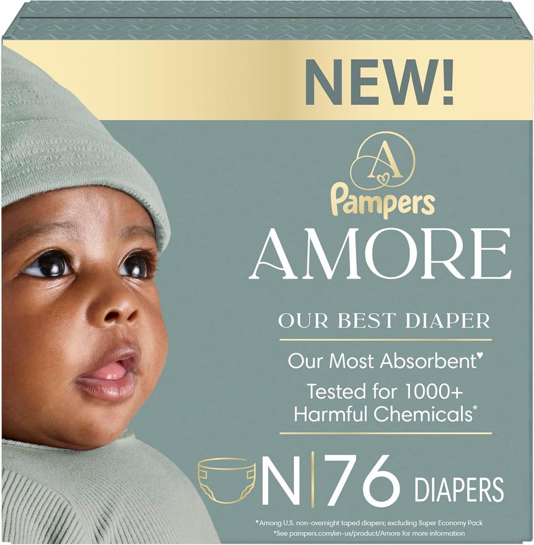 Pampers Amore, Size 0 (up to 10 lbs), 76 Count, Our Best Diaper Hypoallergenic & Fragrance Free, Up to 100% Leakproof, Soft as Cashmere