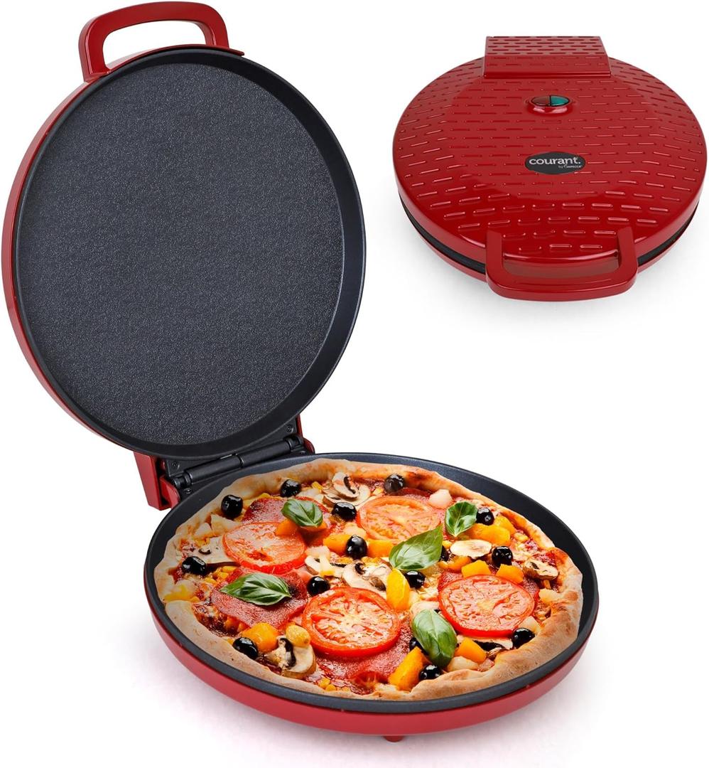 Courant Pizza Maker 12 inch Pizzas Machine, Newly improved Cool-touch Handle Non-Stick plates Pizza oven & CalzoneMaker, Electric Countertop Oven for Home or School, 12 Indoor Grill/Griddle, Red