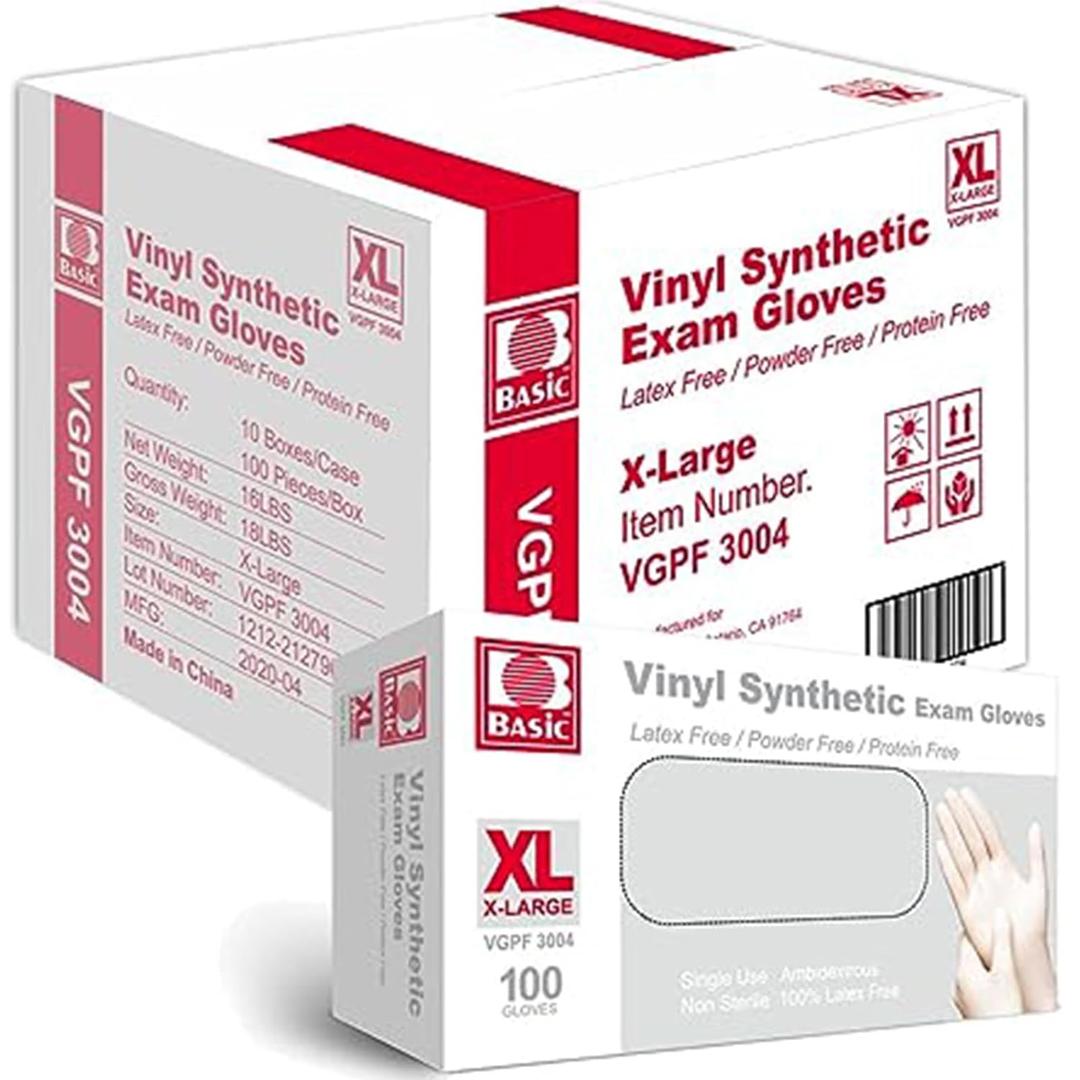 Jointown Basic Medical Clear Vinyl Exam Gloves - Latex-Free & Powder-Free - VGPF-3004 (Case of 1,000), Xtra Large