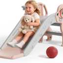 BIERUM Toddler Slide, 4 in 1 Kids Slide for Indoor Outdoor, Slide with Basketball Hoop & Ring Toss, Puppy Shaped Playset for Toddlers Age 1-3, Pink Gray