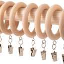 Wood Curtain Rings with Clips, Farmhouse Drapery Clips for 1.1-inch Curtain Rod Pole, Wooden Rings for Drapes (12-Pack, 1.42-inch Inner Diameter)