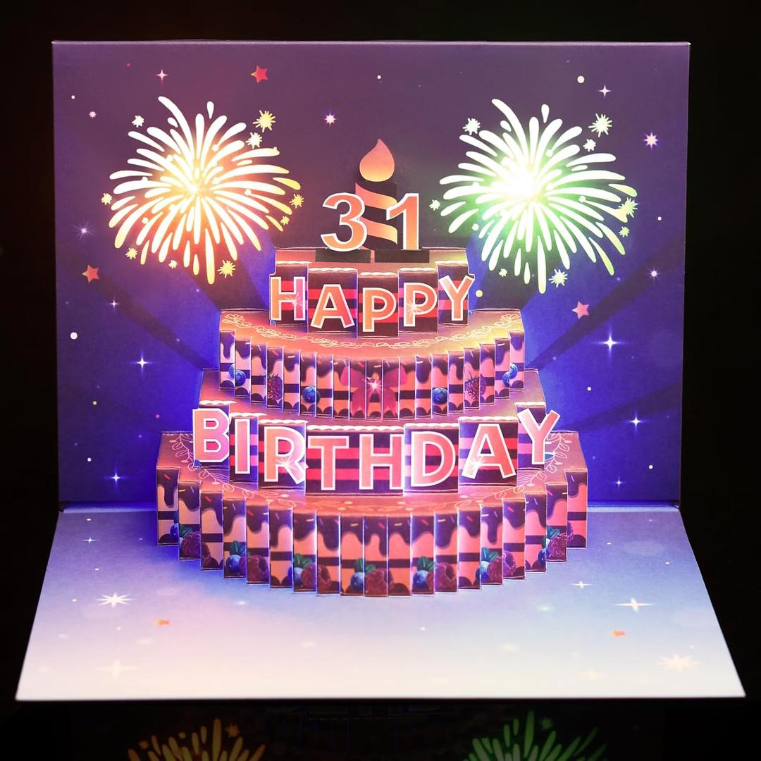 31st Birthday Cards, Light and Music Birthday Cake Happy Birthday Card, 3D Pop Up Birthday Gift Greeting Card for Women Men Wife Husband Friends