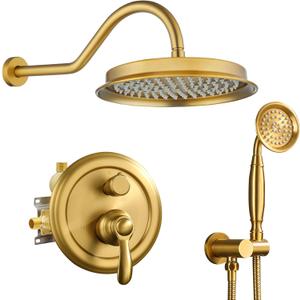 Homekicen Brushed-Gold Shower Faucets-Sets Complete: Antique Rain Shower System in Wall, 9 inch Rainfall Head and Handheld Spray, Pressure Balance Brass Valve with Trim Kit