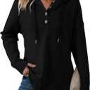 Dokotoo Hoodies for Women Long Sleeve Drawstring Button V Neck Fleece Casual Lightweight Pullover Sweatshirt Hooded Tops (Black, S)