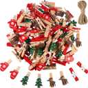 Blulu 100 Pcs Christmas Clips Mini Clothes Pins Red Green Small Wooden Clothespins Photo Clip Set for Xmas DIY Hanging Clip Home School Craft Party Supplies(ChristmasTree, Snowflake, Reindeer, Gloves)
