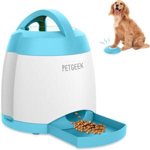PETGEEK Automatic Dog Feeder/Treat Dispenser with Rechargeable Button Remote Control, Interactive Dog Food Puzzle & Stimulation Toys, 400ml Capacity Pet Dispensing Toy for Indoor/Outdoor Play (Upgraded Blue)