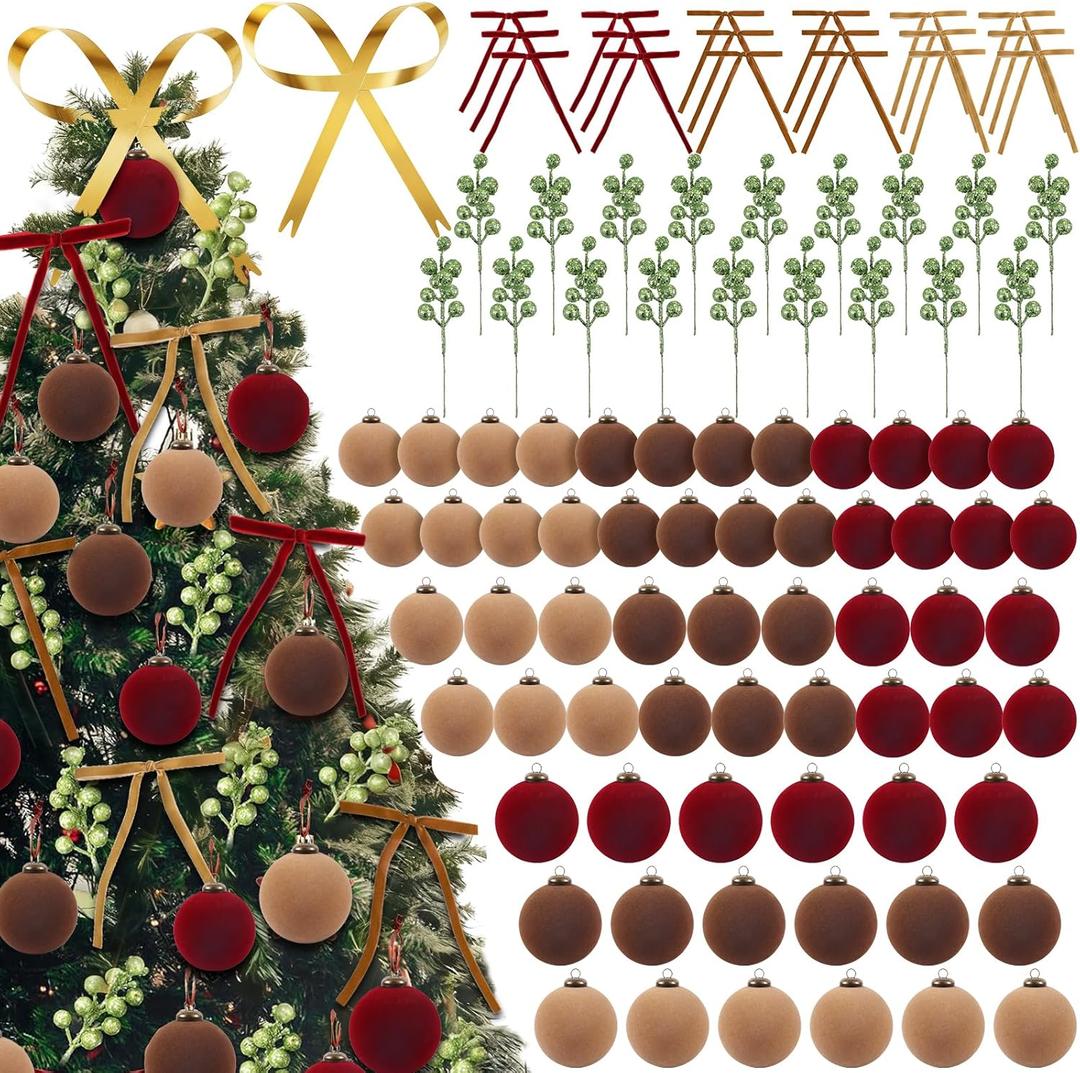 97 Pcs Velvet Ornaments for Christmas Tree Decorrations Include 60 Flocked Ball Ornaments 18 Velvet Ribbon Bows 18 Glitter Berry Picks 1 Top Star for Xmas Holiday Tree Decor