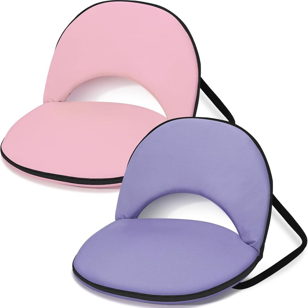 Maitys 2 Pcs Stadium Seats for Bleachers with Back Support and Cushion Pad Folding Bleacher Seat with Backrest Wide Padded Elementary School Classroom Floor Chairs, 5 Reclining Positions (Purple Pink)