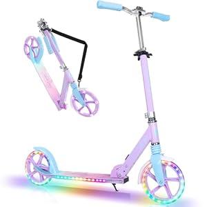 BELEEV V5 Plus Scooters for Kids Ages 6+, Teens with Light-Up Wheels & Deck, 2 Wheel Folding Lightweight Sport Scooter with 4 Adjustable Height, 8-inch Big Wheels, Carry Strap (Blue Purple)