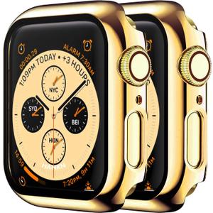 2 Pack Hard Case for Apple Watch Series 9 8 7 41mm Tempered Glass Screen Protector Case, Plated Cover Full Coverage Shockproof Iwatch Bumper (41mm, Gold+Gold)
