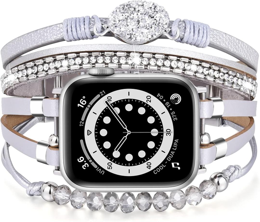 VISOOM Beaded Boho Bracelet Compatible for Apple Watch Band Women Leather Fashion Cute Handmade Multilayer Wrap Watch Straps for iWatch Bands 3/2/1 (38mm/40mm/41mm/42mm(series 10), Silver)