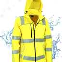 PAFESTER Safety Reflective Rain Jackets for Men Winter Yellow Insulated Rain Coats Waterproof Hoodie with Multiple Pockets (Yellow, L)