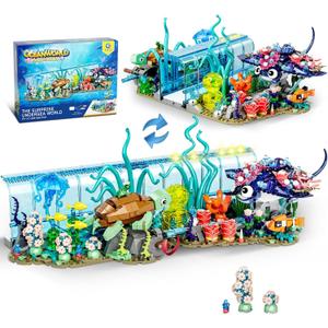 Aquarium Building Blocks Set, Compatible with Lego Fish Tank Creative Foldable 2 Styles Ocean Fish Animals Building Blocks Toys Gift for Adults Boys Girls 8-12+, Including Marine Turtle, Jellyfish