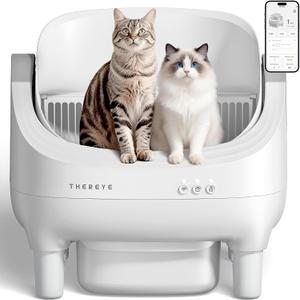 Thereye Self Cleaning Cat Litter Box, Open-Top Automatic Litter Box with APP Control, Safety Sensor and 10L Large Waste Bin, Smart Kitty Litter Boxes with Trash Bags and Mat for Multiple Cats, Grey