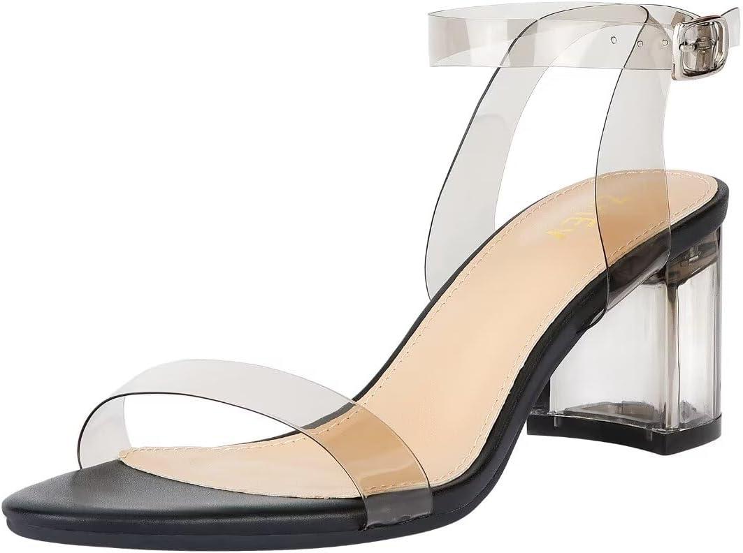 ZriEy Women's Clear Heels Strappy Chunky Block Heeled Sandals 2.2 Inch Open Toe Adjustable Ankle Strap Pump Sandals for Weddings Parties Daily Wear (10)