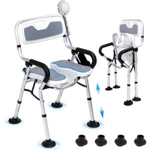 Heavy Duty Shower Chair,U-Shape Seat Foldable Shower Chair for Private Washing, Elderly and Disabled, Adjustable Height Chairs with Padded Arms and Back for Bathroom,350 lbs Capacity
