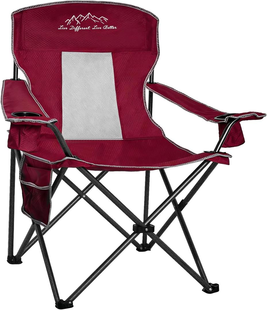 Folding Camping Chair Mesh Back Portable Breathable Outdoor Chairs with Carry Bag & Cup Holder for Camping, Beach, Fishing, Sports, Patio, Red, 1 Pack