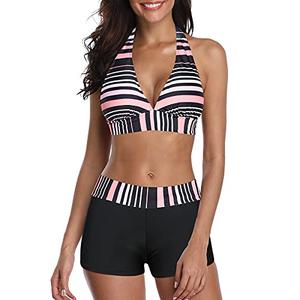 Zando Halter Bikini Set with Boyshort Push Up 2 Piece Swimsuit Bathing Suit for Women Pink Black Stripe,  US Size M