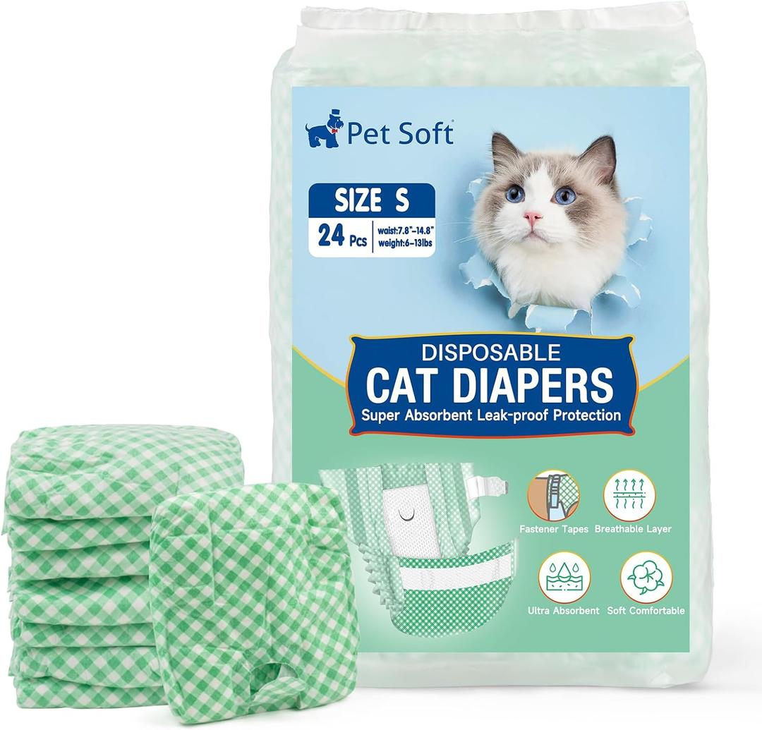 Pet Soft Disposable Cat Diapers - Female Dog Diapers for Cats & Dogs in Heat Period or Urine Incontinence, Doggie Diapers Ultra Absorbent Leak-Proof Puppy Diapers 24pcs (Green, S)