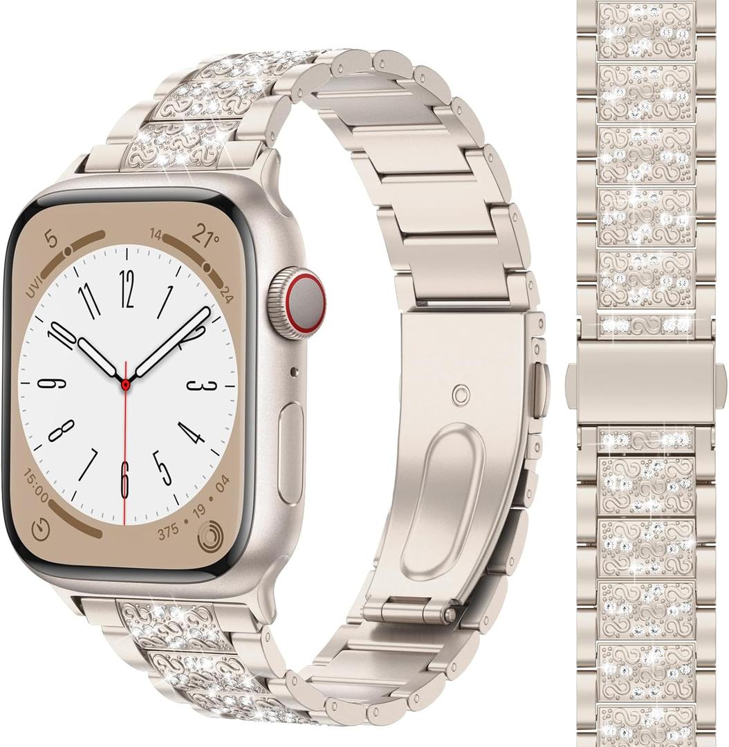 MARGE PLUS Compatible with Bling Apple Watch Band Women 46mm 45mm 44mm 42mm Series 10 9 8 7 6 5 4 3 2 1 SE, Upgraded Sparkle Replacement Bracelet iWatch Band, Diamond Rhinestone Stainless Steel Metal Strap (Starlight)