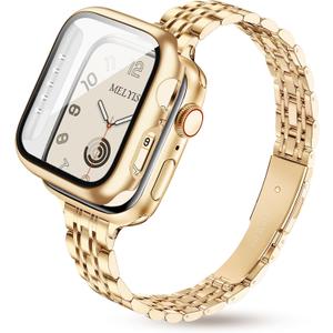 Melyis Slim Metal Band with Case Fits Apple Watch Bands for Women 41mm, Thin Stainless Steel iWatch Bands for Women, Dressy Band for Apple Watch with Screen Protector Series 9 8 7, Gold